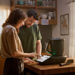 Zwei Personen stehen in der Küche an einem Tisch, auf dem der neue TM7 steht. Eine der beiden Personen bedient diesen per Touchscreen.